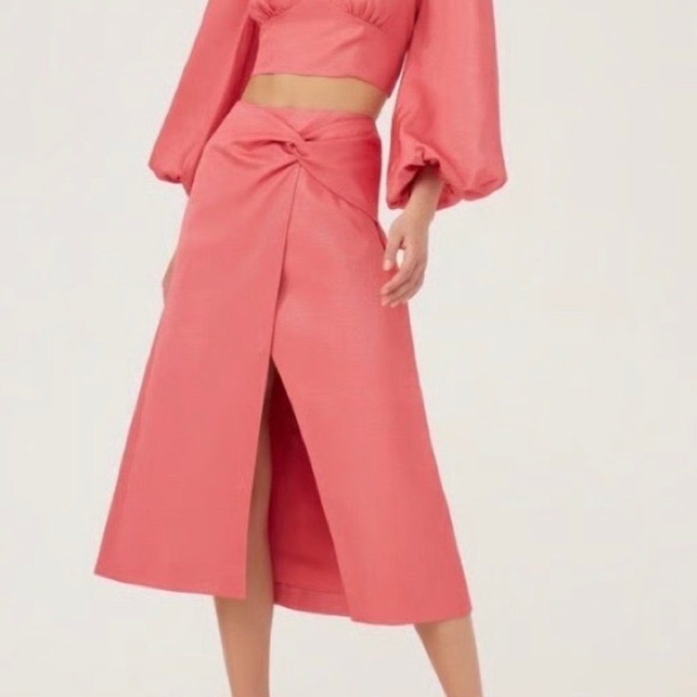 KEEPSAKE the Label Coral Pink Midi Skirt with Front Knot and Slit